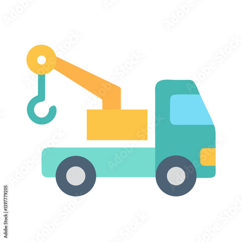 Flat colorful tow truck icon with hook, representing towing services, roadside assistance, or heavy vehicle transport.

