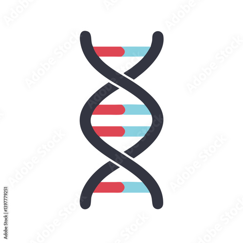 Flat icon of a double helix structure in red, blue, and black, representing DNA, biology, and genetic research.
