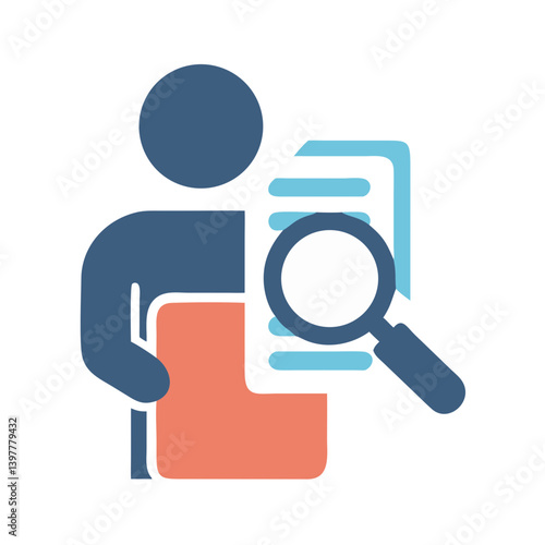 Flat icon of a person holding documents with a magnifying glass overlay, representing job search, analysis, or document review.
