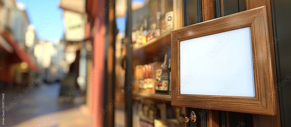 A wooden framed sign on a store window is visible A wooden framed sign on a store window is visible