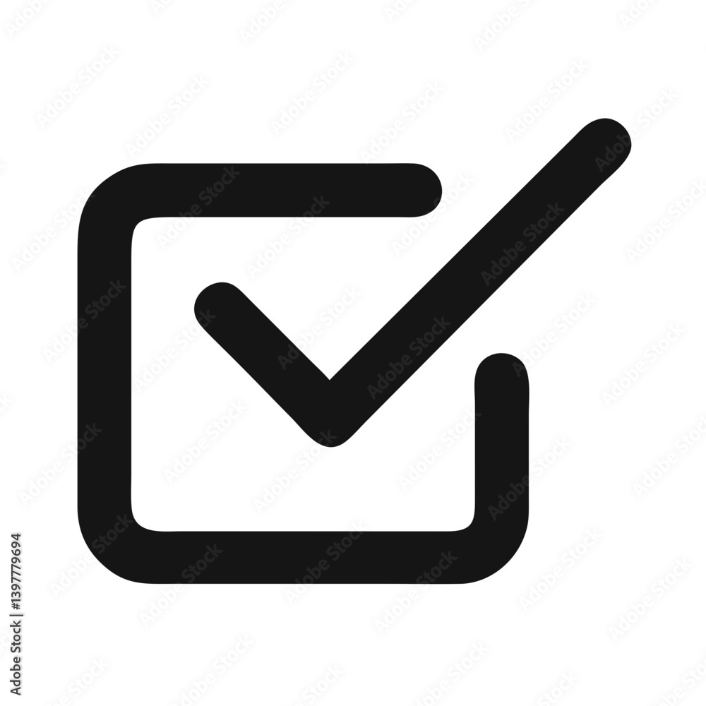 Black checkmark inside a rounded square box, commonly used to represent completed tasks, approval, or confirmation.
Black checkmark inside a rounded square box, commonly used to represent completed tasks, approval, or confirmation.