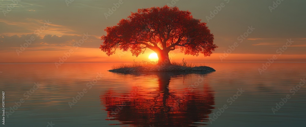 Obraz premium Solitary red tree on a tranquil island at sunset