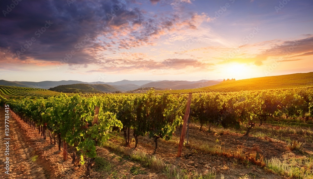 Fototapeta premium Landscape of grape fields at sunset