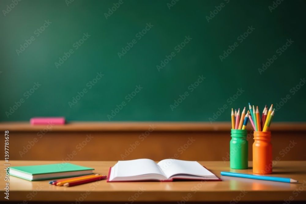 Colorful supplies spread on desk against blackboard, empty auditorium, pens, organized, colorful Colorful supplies spread on desk against blackboard, empty auditorium, pens, organized, colorful