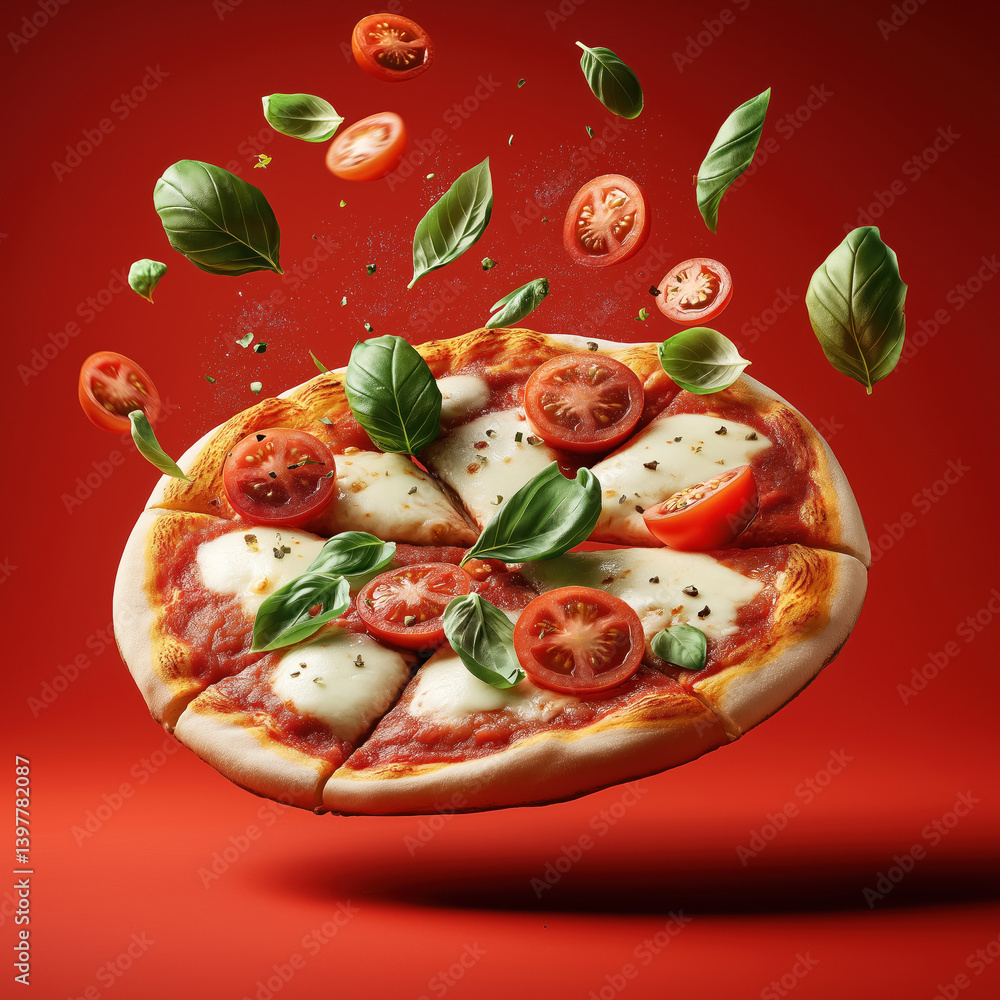 margherita pizza with fresh basil mozzarella tomatoes levitating on vibrant red background dynamic food photography concept