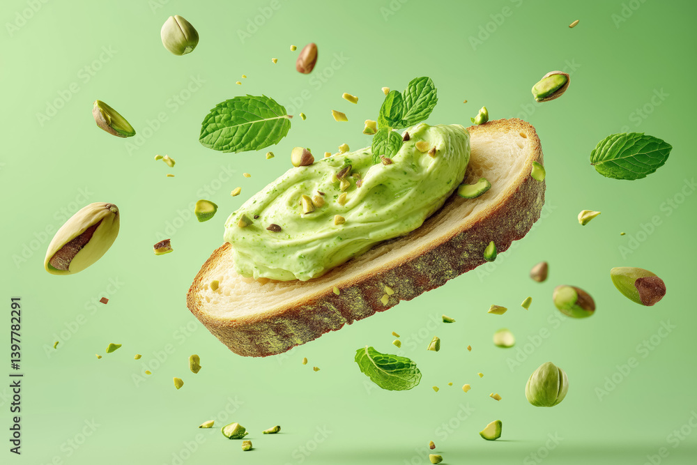 floating toasted bread slice topped with pistachio spread mint leaves nuts green vibrant background creative food styling