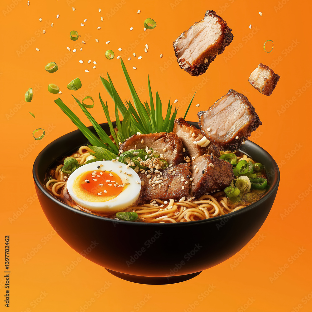 ramen bowl with pork slices boiled egg green onions sesame seeds floating ingredients creative japanese food vibrant orange background