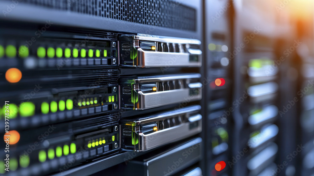 Naklejka premium High tech server racks with glowing indicators and data storage units