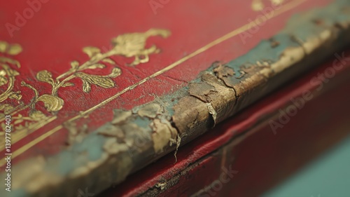 Obraz na płótnie Worn Red Leather-Bound Book with Gold Detailing w salonie