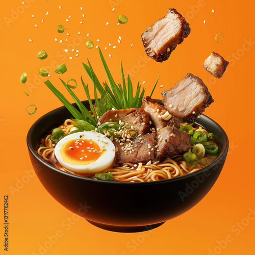 Obraz na płótnie ramen bowl with pork slices boiled egg green onions sesame seeds floating ingredients creative japanese food vibrant orange background w salonie