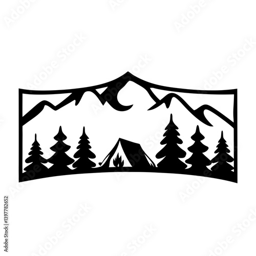 Majestic Mountain Camping Scene with Silhouetted Trees and Tent