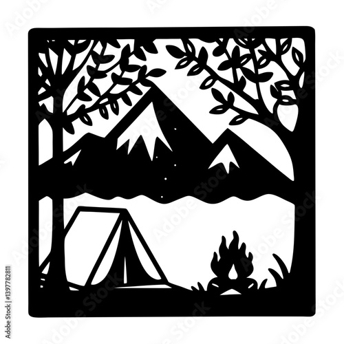 Black and White Camping Scene with Mountains and Trees