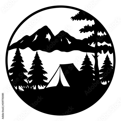 Scenic Mountain Camping Silhouette in a Circular Design