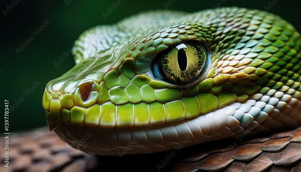 Fototapeta premium Emerald Gaze: A striking close-up portrait of a vibrant green snake, its mesmerizing eye reflects the mysteries of the wild, showcasing nature's intricate beauty.