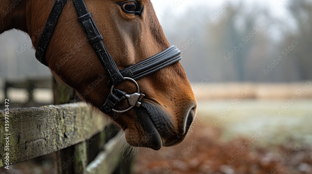 Majestic horse gazing over wooden fence in serene, misty landsca Majestic horse gazing over wooden fence in serene, misty landsca