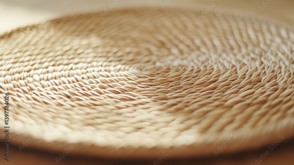 Woven Circular Place Mat with Spiral Design in Earthy Tones on a Wood Surface Under Soft Lighting
