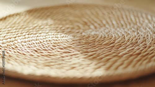 Obraz na płótnie Woven Circular Place Mat with Spiral Design in Earthy Tones on a Wood Surface Under Soft Lighting w salonie
