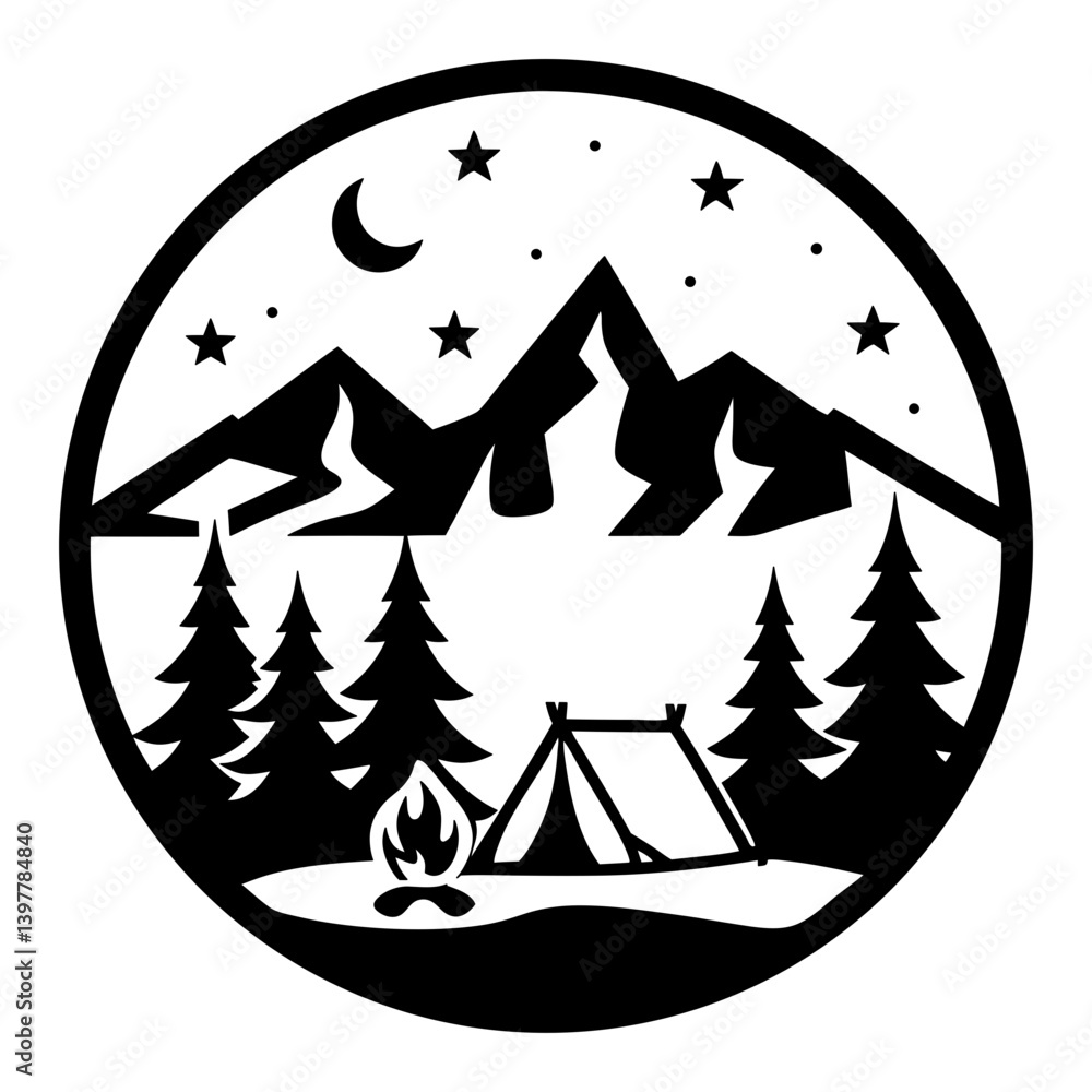 Fototapeta premium Night Camping Scene with Mountains Stars Moon and Campfire