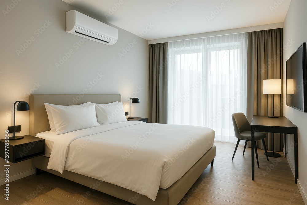 Fototapeta premium Modern Hotel Room with Simple Design and Cozy Atmosphere