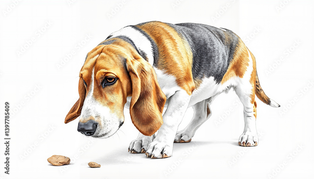 Beagle dog sniffing treats on a clean white background Beagle dog sniffing treats on a clean white background