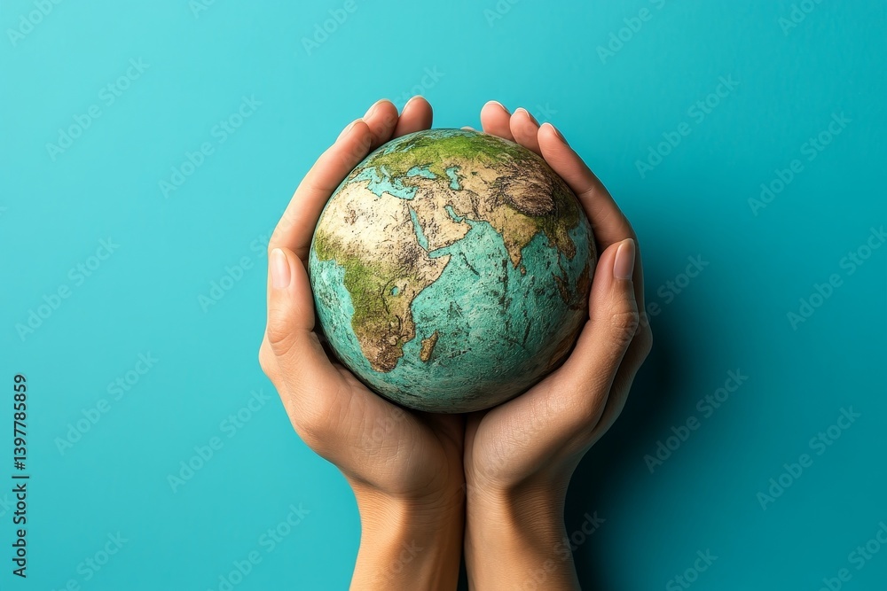 A woman is shown from above holding a planet model against a turquoise backdrop, symbolizing Earth Day A woman is shown from above holding a planet model against a turquoise backdrop, symbolizing Earth Day