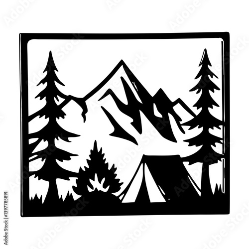 Majestic Mountain Camping Scene with Evergreen Trees and Tent