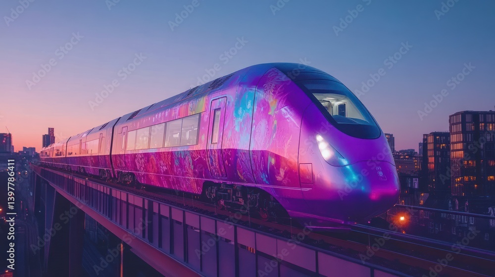 Naklejka premium A modern passenger train travels across an elevated urban railway line