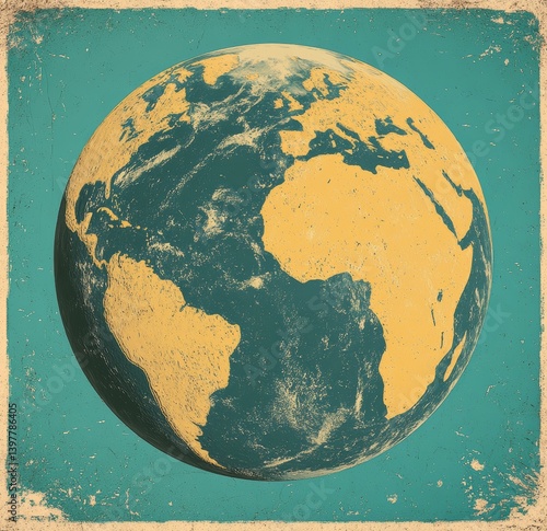 Fototapeta Naklejka Na Ścianę i Meble -  A vintage distressed globe of Planet Earth in modern illustration style