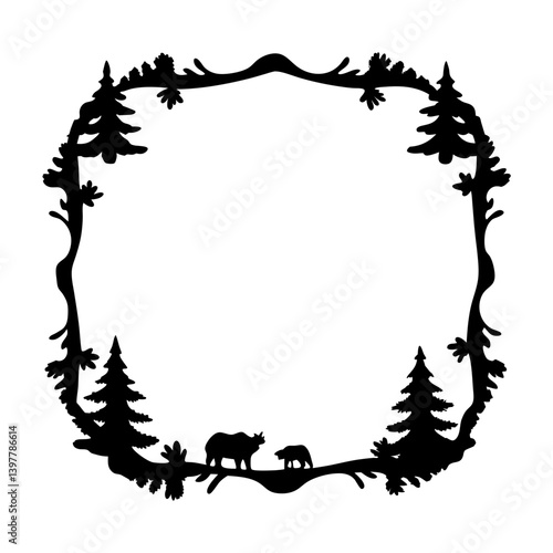 Silhouette Frame of Evergreen Trees and Bears in a Forest Setting