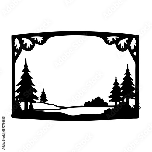 Winter landscape scene framed in elegant black silhouette artwork featuring snow covered hills, evergreen trees, and a tranquil lake