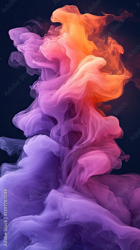 Fototapeta premium Swirling colorful smoke plumes in purple, pink, and orange against a dark background