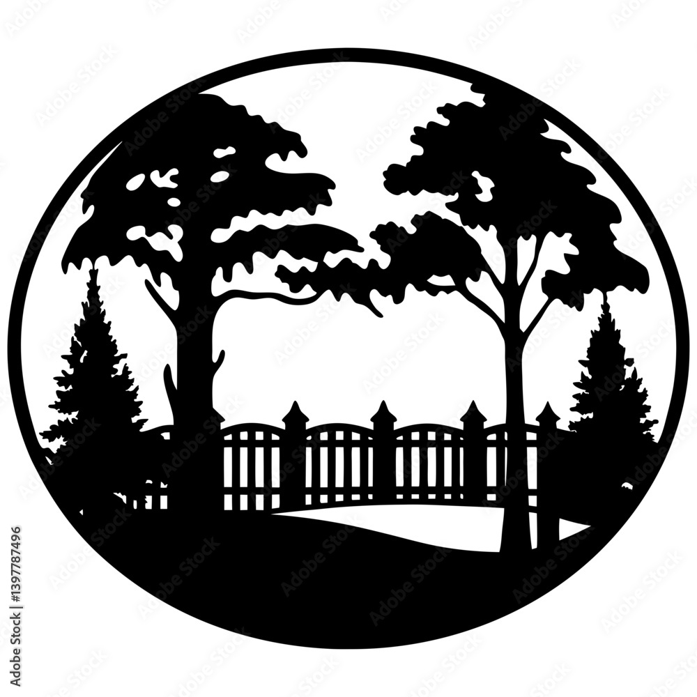 Fototapeta premium Circular Silhouette of a Serene Garden Scene with Trees and Fence