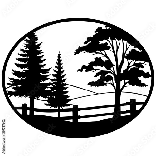 Scenic Landscape with Trees and Fence in a Circular Frame