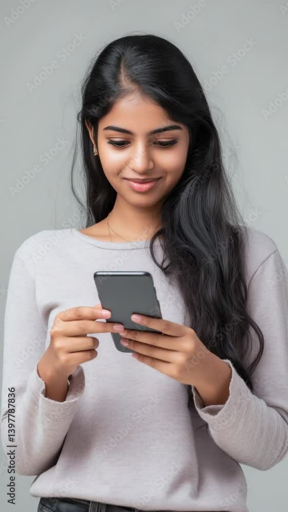 Young woman smiles while using smartphone to connect with friends and share moments indoors Young woman smiles while using smartphone to connect with friends and share moments indoors