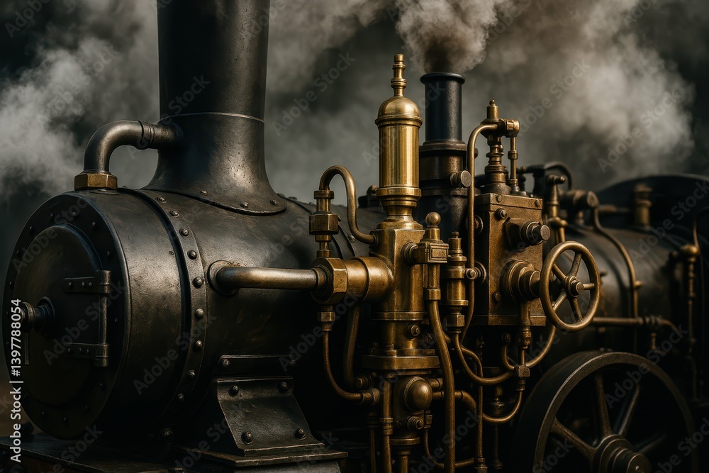 Naklejka premium Vintage Steam Engine Close-Up with Intricate Details and Textures