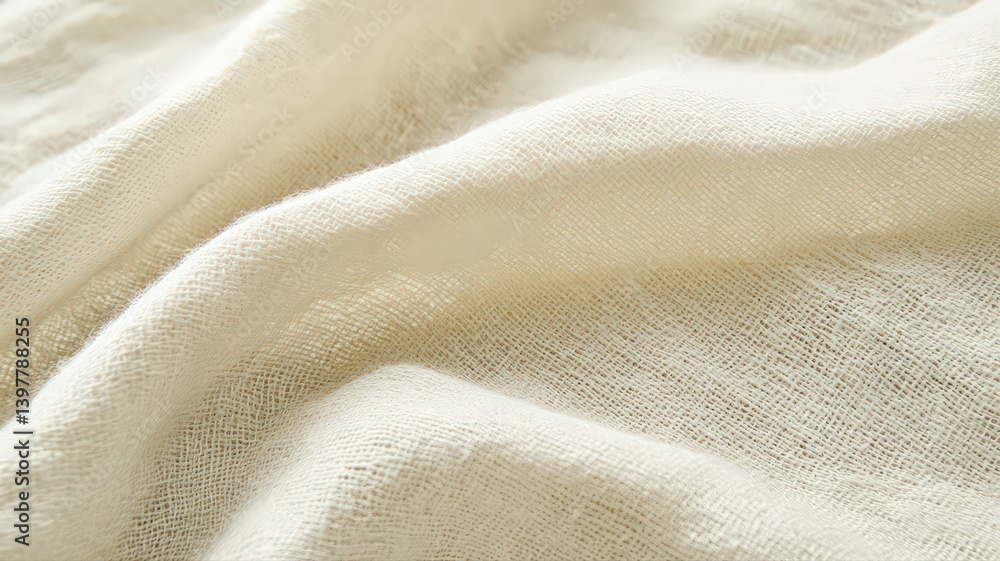 Wrinkled Ivory Fabric Texture with Interwoven Thread Pattern Woven Cloth Background for Neutral Backdrop and Artistic Designs for Weaving Crafts Material