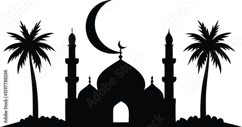 Islamic Mosque Silhouette with Crescent Moon and Palm Trees on Transparent Background