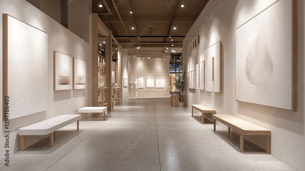 Fototapeta premium A modern art gallery showcases paintings and seating in a long hallway