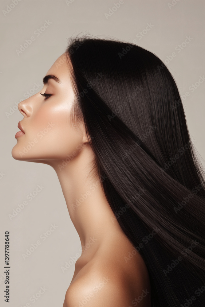 Elegant Woman with Sleek, Dark Hair. Beauty and Sophistication Captured in a Studio Setting. Perfect Hair. Elegant Woman with Sleek, Dark Hair. Beauty and Sophistication Captured in a Studio Setting. Perfect Hair.