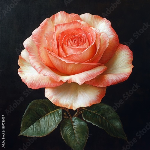 Flower wooden board weather. A stunning, realistic painting of a pink and cream rose, showcasing intricate details of the petals and leaves against a dark background.