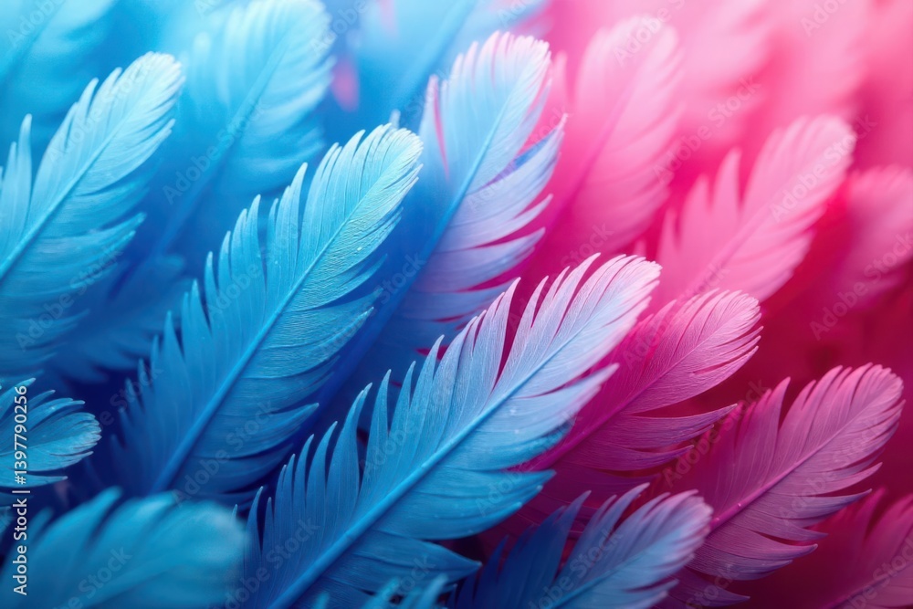 Fototapeta premium Textured blue pink chicken feather backdrop Abstract feathery design element , contemporary, abstract
