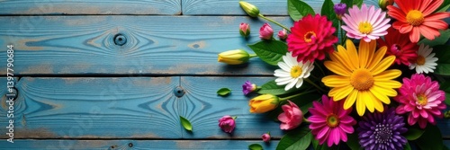 Wallpaper Mural Vibrant floral arrangement on weathered wood, copy space provided , blossom, texture Torontodigital.ca