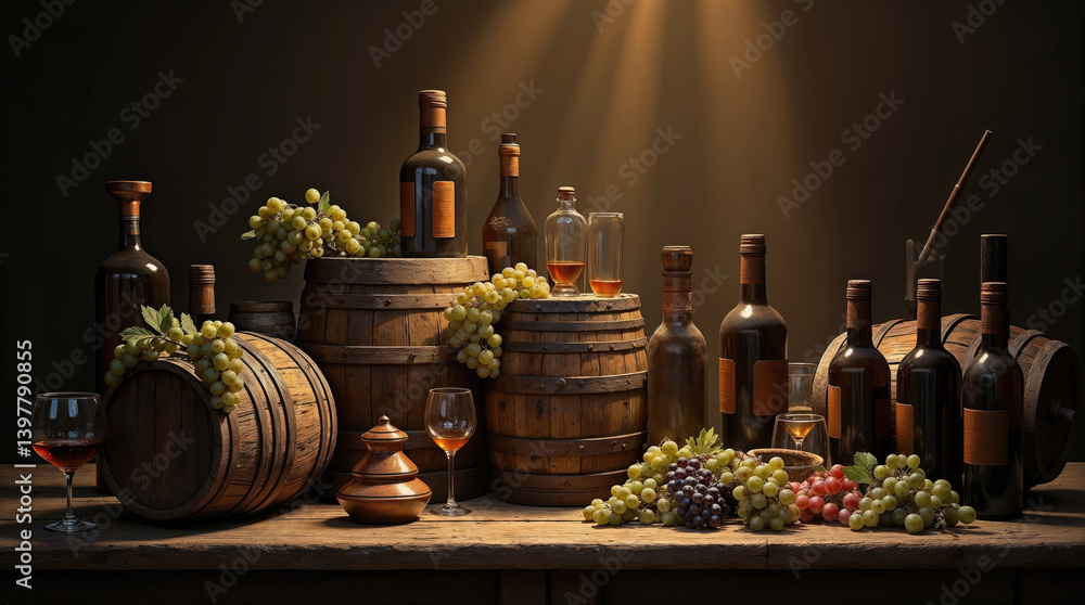 rustic still life scene showcases an assortment of wine