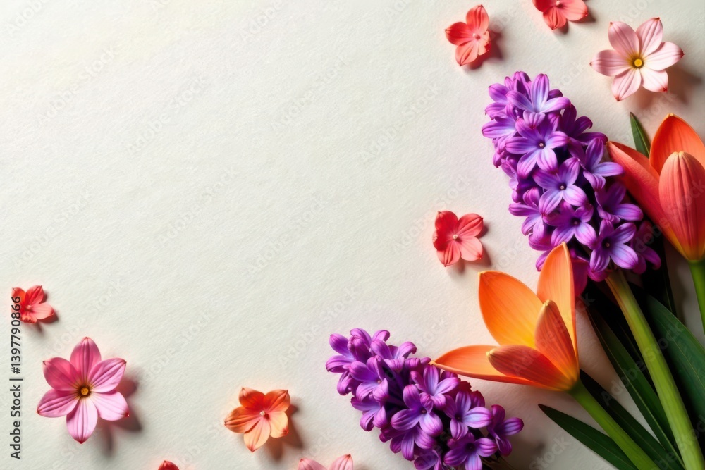 Fototapeta premium Vibrant hyacinths & lilies scattered on craft paper, nature, blue, blossom