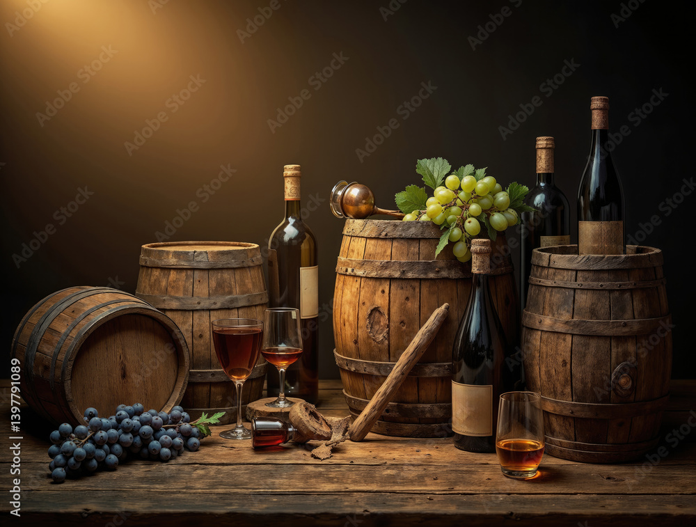 rustic still life scene showcases an assortment of wine
