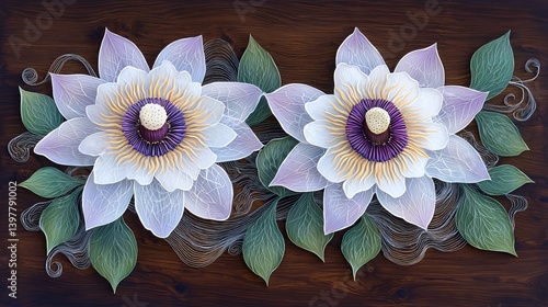 Flower wooden board weather. A beautifully crafted illustration of two intricate flowers surrounded by green leaves, set against a dark wooden background.