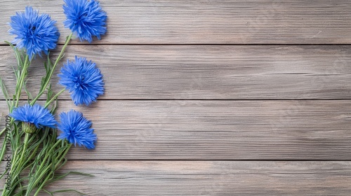 Flower wooden board weather. A bouquet of vibrant blue flowers rests on rustic wooden boards, enhancing the natural beauty and tranquility of the setting.