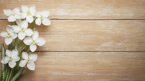 Flower wooden board weather. A bouquet of delicate white flowers resting on a rustic wooden surface, creating a serene and natural aesthetic.