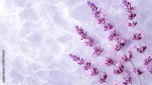 Flower wooden board weather. A serene lavender arrangement on a soft, textured surface, showcasing delicate purple flowers against a light backdrop.