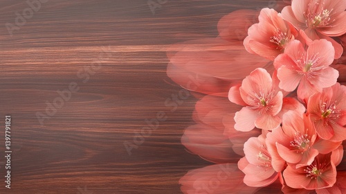 Flower wooden board weather. A soft-focus arrangement of pink flowers on a dark wooden surface, creating an elegant and serene atmosphere.